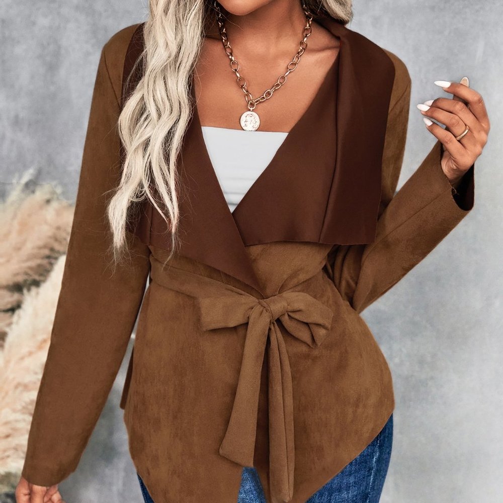 New Waterfall Collar Belted Jacket Brown - Picture 4 of 6